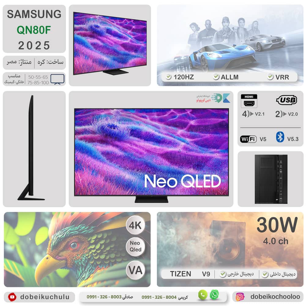 اینفوگرافی و اطلاعات کامل از مشخصات فنی در تلویزیون NEO QLED سامسونگ QN80F سال 2025 - سایت دبی کوچولو