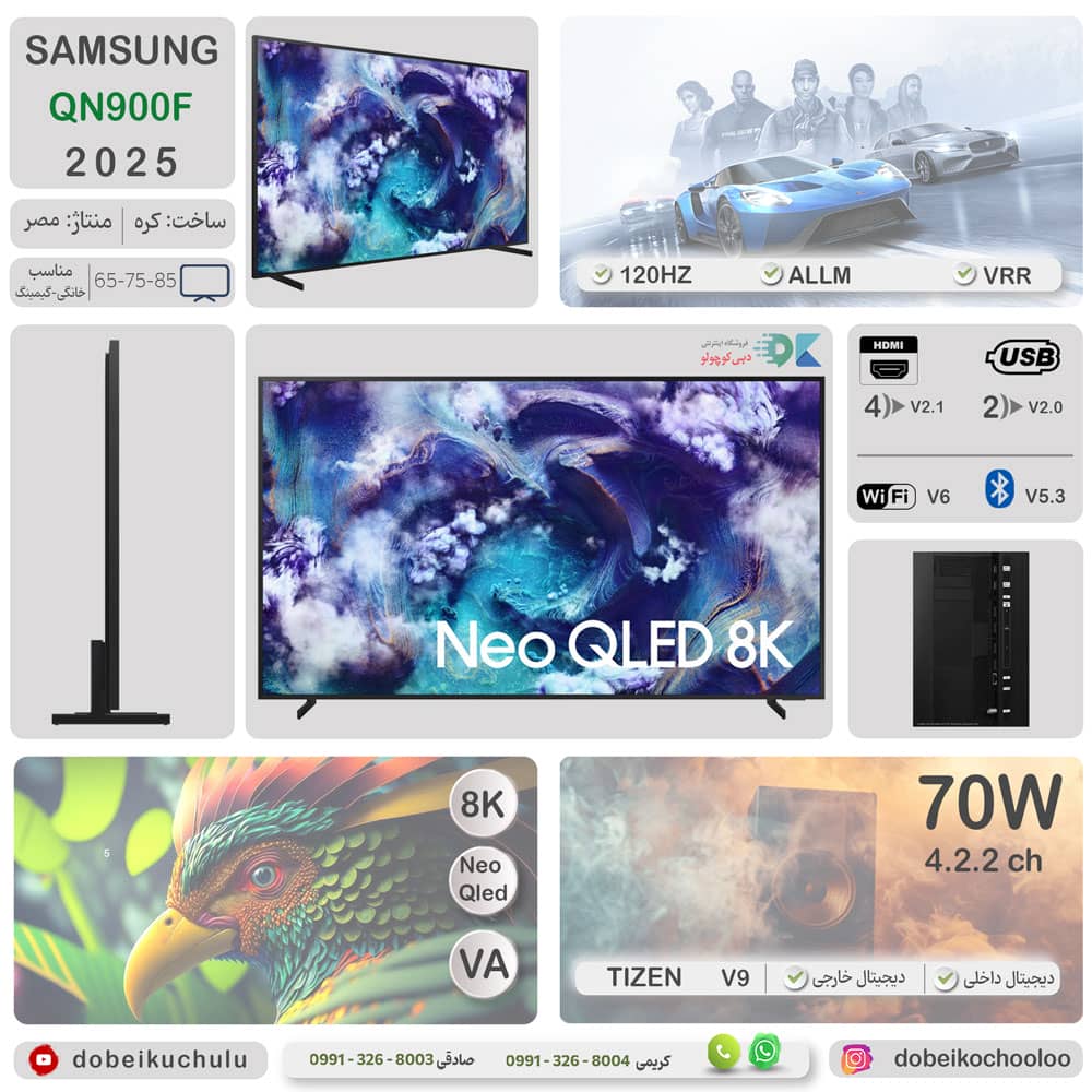 ایفورگرافی کامل از اطلاعات و مشخصات فنی تلویزیون NEO QLED سامسونگ QN900F سال 2025 - سایت دبی کوچولو