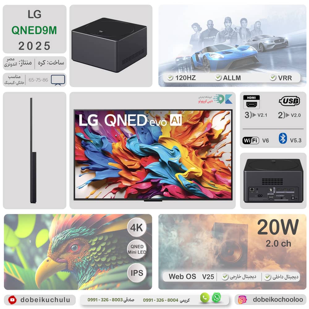 اینفوگرافی و اطلاعات کامل از مشخصات فنی تلویزیون QNED ال جی QNED9M سال 2025 - سایت دبی کوچولو