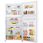 نمای داخلی همراه با مواد غذایی در یخچال فریزر بالا پایین ال جی 832 کد GRM-832DHWL ساخت کره منتاژ کره 23 فوت رنگ سفید - سایت دبی کوچولو