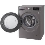 نمای سمت چپ از جهت باز شدن درب در ماشین لباسشویی ال جی J6 رنگ نقره ای 8 کیلو (F4J6TNP8S) ساخت کُره با گارانتی و پرداخت درب منزل در دبی کوچولو