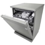 نمای سمت چپ و درب نیمه باز در ماشین ظرفشویی ال جی 513 کد DFC513FV رنگ نقره ای سه طبقه 14 نفره 3 سبد اصل کره مونتاژ کره بدون بخارشوی - سایت دبی کوچولو