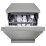 نمای روبرو و درب نیمه باز و برنامه های روب درب در ماشین ظرفشویی ال جی 513 کد DFC513FV رنگ نقره ای سه طبقه 14 نفره 3 سبد اصل کره مونتاژ کره بدون بخارشوی - سایت دبی کوچولو