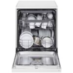 نمای روبرو در حالت درب باز و ظروف داخل دستگاه در ماشین ظرفشویی ال جی 513 کد DFC513FW رنگ سفید سه طبقه 14 نفره 3 سبد اصل کره مونتاژ کره بدون بخارشوی - سایت دبی کوچولو