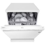 نمای روبرو در حالت درب نیمه باز در ماشین ظرفشویی ال جی 532 کد DFC532FW رنگ سفید دو طبقه 14 نفره 2 سبد اصل کره مونتاژ کره دارای بخارشوی - سایت دبی کوچولو