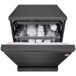 نمای روبرو و درب نیمه باز در ماشین ظرفشویی ال جی 513 کد DFC513FD رنگ دودی سه طبقه 14 نفره 3 سبد اصل کره مونتاژ کره بدون بخارشوی - سایت دبی کوچولو