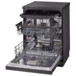 نمای سمت چپ از بخش داخلی و تعداد سبد ها در ماشین ظرفشویی ال جی 513 کد DFC513FD رنگ دودی سه طبقه 14 نفره 3 سبد اصل کره مونتاژ کره بدون بخارشوی - سایت دبی کوچولو