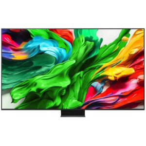 نمای روبرو در حالت پایه بلند و حالت ساندبار در تلویزیون QNED Evo Edge MiniLED ال جی 75QNED86 سایز 75 اینچ 4K رفرش ریت 144 هرتز،قطعات کره و مونتاژ اندونزی در سال 2025 - سایت دبی کوچولو