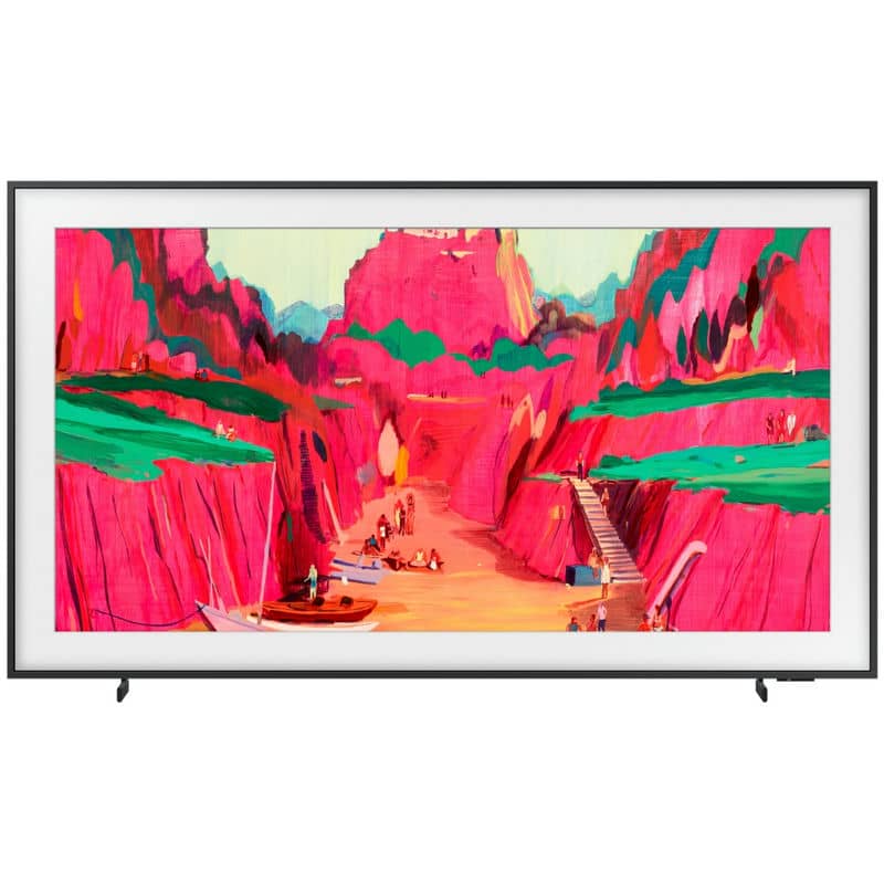 نمای روبرو و چیدمان پایه ها در حالت بغل در تلویزیون فریم Neo QLED سامسونگ 65LS03FW سایز 65 اینچ 4K رفرش ریت 144 هرتز،قطعات کره و مونتاژ مصر و اسلواکی و مجارستان در سال 2025 - سایت دبی کوچولو