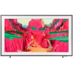 نمای روبرو و چیدمان پایه ها در حالت پایه وسط در تلویزیون فریم Neo QLED سامسونگ LS03FW کیفیت تصویر 4K رفرش ریت 144 هرتز،قطعات کره و مونتاژ مصر و اسلواکی و مجارستان در سال 2025 - سایت دبی کوچولو