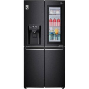 نمای روبرو در حالت روشن بودن درب شیشه ای اینستا ویوو در یخچال فریزر ساید بای ساید ال جی X22 کد GC-X22FTQEL ساخت کره مونتاژ چین 20 فوت رنگ مشکی دودی سال 2024 - سایت دبی کوچولو