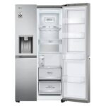 نمای داخلی بخش یخچال در یخچال فریزر ساید بای ساید ال جی J287 کد GCJ-287TVL ساخت کره مونتاژ چین 24 فوت رنگ نقره‌ای پلاتینیومی سال 2024 - سایت دبی کوچولو