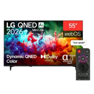 نمای روبرو و ریموت کنترل جادویی تلویزیون QNED ال جی QNED72B کیفیت 4K رفرش ریت 60 هرتز،قطعات کره و مونتاژ مصر، لهستان و اندونزی در سال 2026 - سایت دبی کوچولو